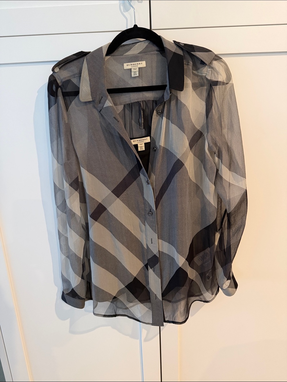 Burberry Gray and Black Sheer Plaid Button-Down Shirt